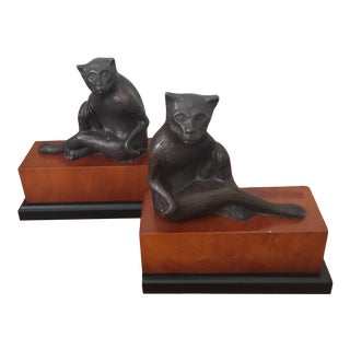 1940s French Art Deco Patinated Bronze Model of Reclining Monkeys Bookends- a Pair For Sale