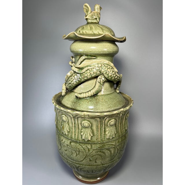 Chinese Chinese Celadon Dragon Relief Lidded Vase, Collectible Decorative Vessel For Sale - Image 3 of 7