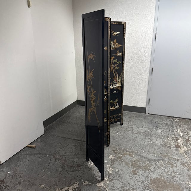 Chinoiserie Black Lacquer Four-Panel Folding Screen, Vintage For Sale - Image 4 of 12