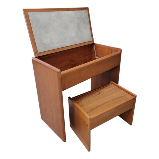 Mid 20th Century Danish Vanity/Desk With Flip-Top Mirror and Stool For Sale