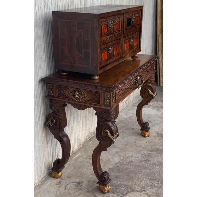 Baroque 20th Italian Cabinet on Stand, Baroque Bargueno with Inlays & Mounts For Sale - Image 3 of 18