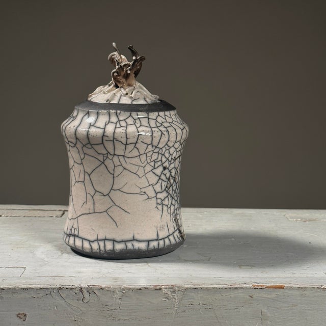 Pair of Vintage Postmodernist Raku Fired Crackle Glazed Lidded Stoneware Vessels, Signed For Sale - Image 4 of 9