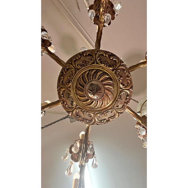 Antique Spanish Brass 6-Arm Heavy Chandelier With Crystal For Sale - Image 9 of 12
