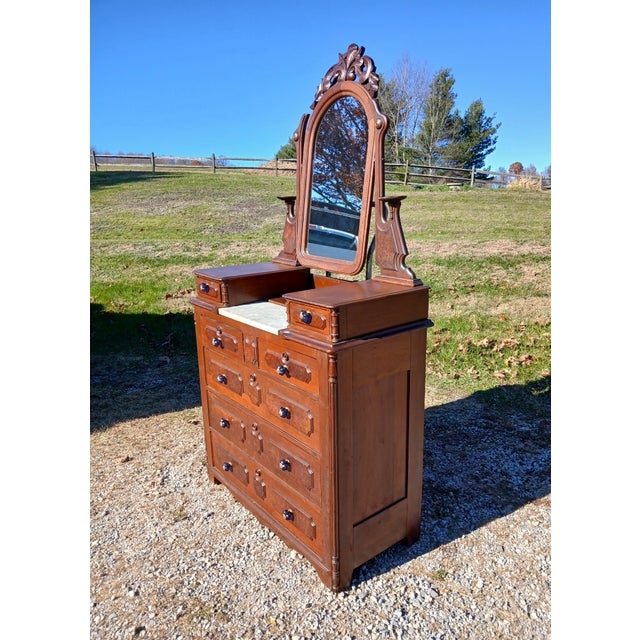 Antique Walnut Victorian 7 Drawer Dresser With Mirror 1880s For Sale - Image 4 of 17