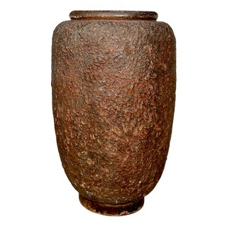 Large Rustic Terracotta Ceramic Floor Vase with Concrete and Iron Base, Germany, 1950s For Sale