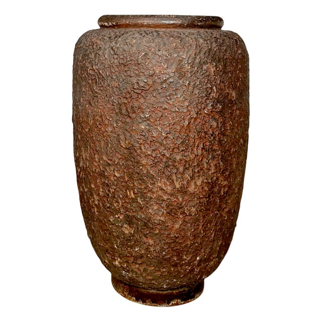 Large Rustic Terracotta Ceramic Floor Vase with Concrete and Iron Base, Germany, 1950s For Sale