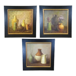 Original Vintage Southwestern Still Life Pottery Vase Oil Paintings Framed 41" - Set of 3