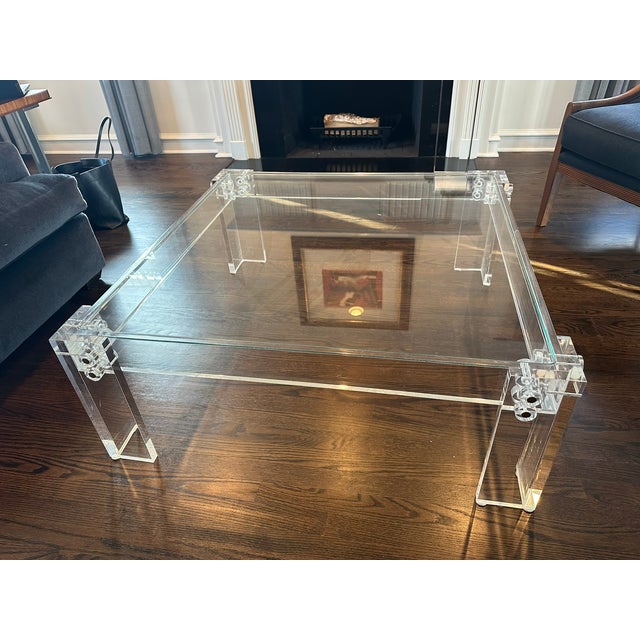 Transitional Thick Polished Lucite Base Glass Top Square Coffee Table Merchandise Mart For Sale In Chicago - Image 6 of 11