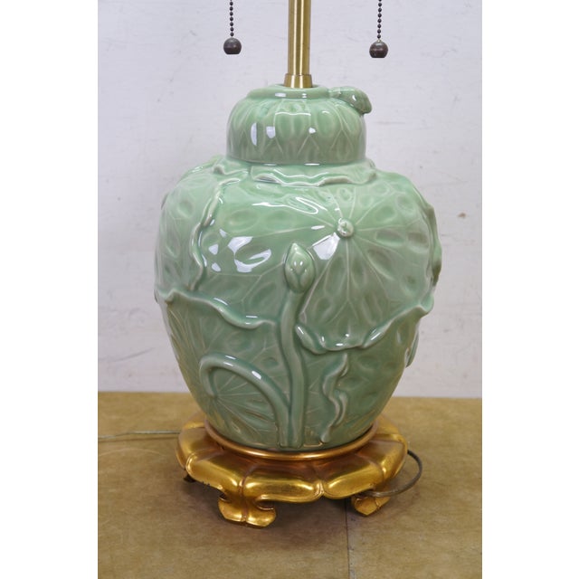 Vintage Marbro Celadon Green Porcelain Lotus Flower Ginger Jar Lamp 30" For Sale - Image 9 of 16