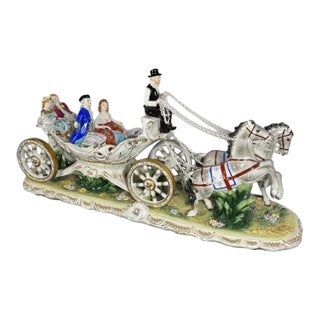 Mid 20th Century Large Dresden Porcelain Horse-Drawn Carriage Group With Coachman & Four Figures For Sale