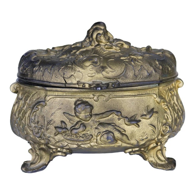 19th Century French Gilt Bronze Jewelry Box Casket With Cherub and Birds For Sale