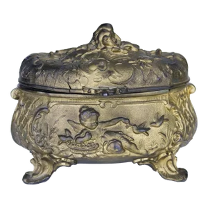 19th Century French Gilt Bronze Jewelry Box Casket With Cherub and Birds