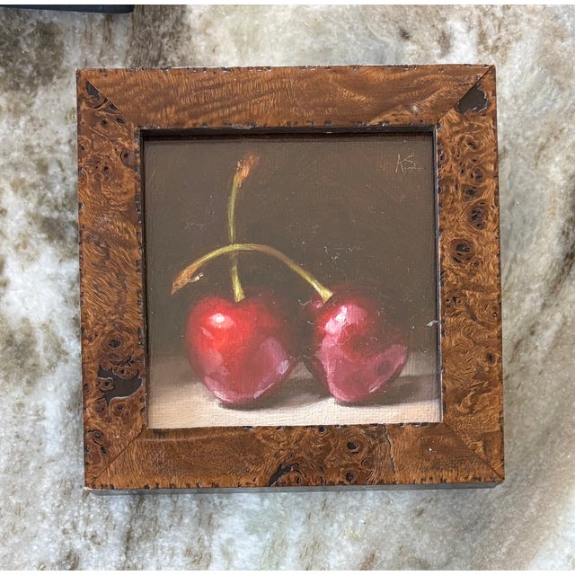 Three Original Amanda Selway British Still Lifes of Cherries, Strawberries and Green Apple Fruits in Custom Burl Wood Finished Frames For Sale - Image 9 of 13
