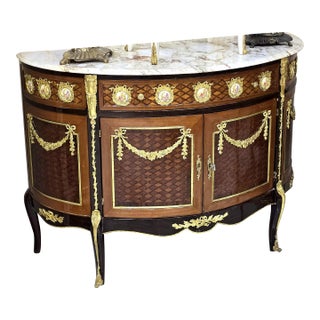 French Louis XVI Demilune Sideboard – Marble Top, Gilded Details & Premium Hardwood For Sale