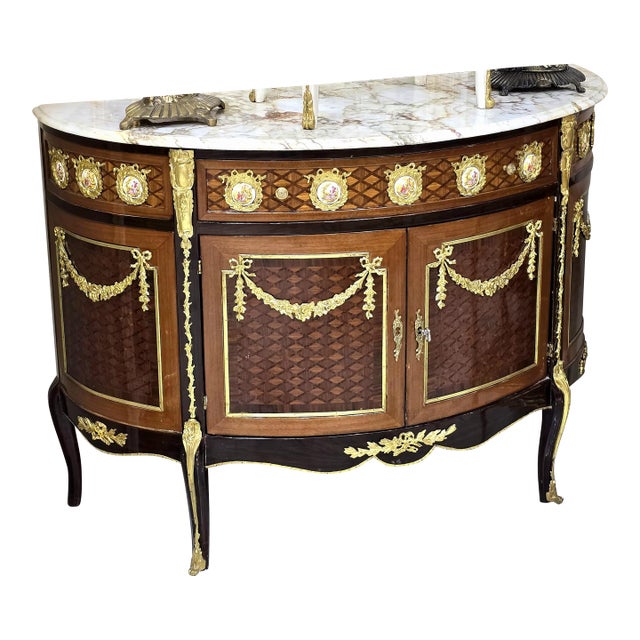 French Louis XVI Demilune Sideboard – Marble Top, Gilded Details & Premium Hardwood For Sale