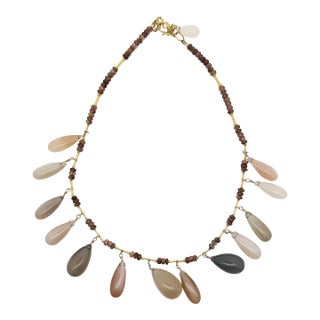 1990s Multi Colored Moonstone Cabochon Drop 22k Gold 17" Fringe Necklace For Sale