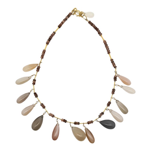 1990s Multi Colored Moonstone Cabochon Drop 22k Gold 17" Fringe Necklace For Sale