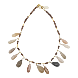 1990s Multi Colored Moonstone Cabochon Drop 22k Gold 17" Fringe Necklace