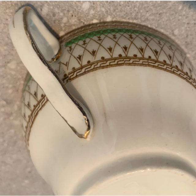 Ceramic Antique English Bone China J & G Meakin Tea, Coffee Cup & Saucer, Westminster Pattern Featuring an Intricate Green & Gold Band on White- Set of 6 For Sale - Image 7 of 12