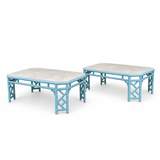 Pair of large outdoor cocktail tables by Century Furniture, designed as a central element for refined terrace and pavilion...