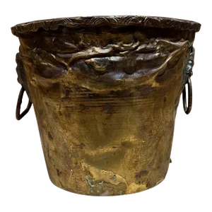 Vintage Lion Head Patinated Brass Planter Pot Jardiniere