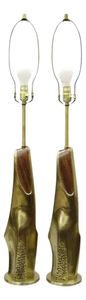 Laurel Mid Century Brutalist Modernist Brass Sculptural Table Lamps - A Pair