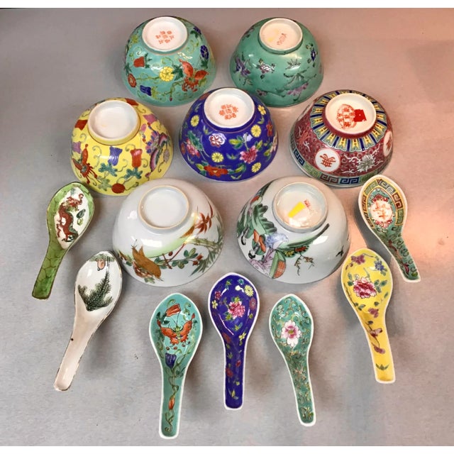 Assembled Set of 7 Chinese Export Bowls With Spoons For Sale - Image 10 of 12