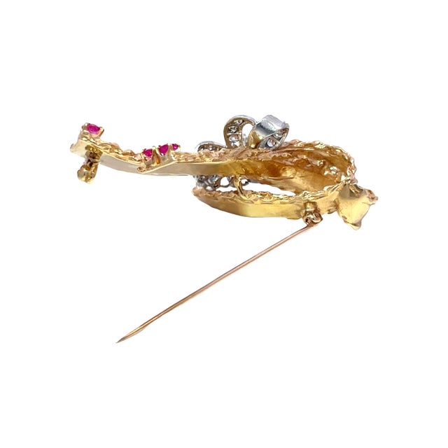 Gold Retro 14k Yellow Gold & Platinum Diamond Ruby Floral Ribbon Bow Brooch For Sale - Image 8 of 11