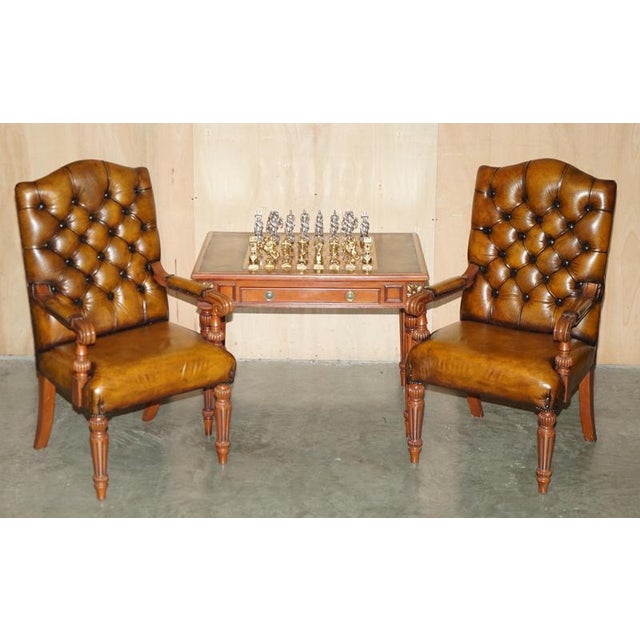 Chessboard Table and Chesterfield Armchairs in Leather, Set of 3 For Sale - Image 3 of 18