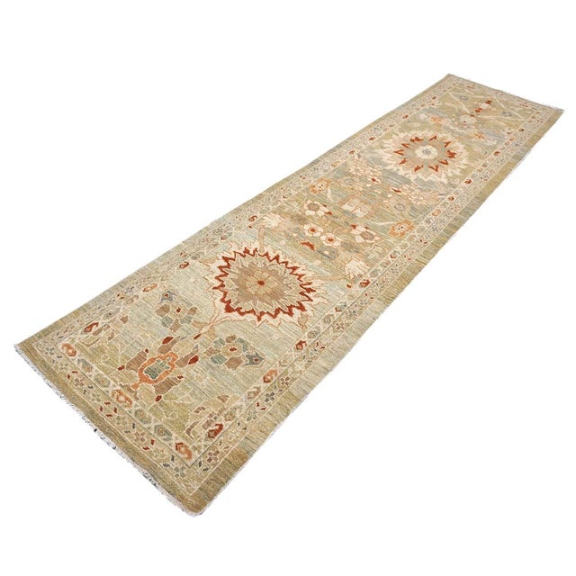 Persian Sultanabad Wool 3x12 Khaki, Slate, & Rust Handmade Runner Rug #1142113 For Sale - Image 10 of 13