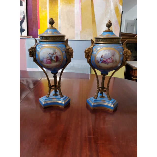 Sky Blue Antique Pair of Signed Sevres Urns Bronze Heads For Sale - Image 8 of 11
