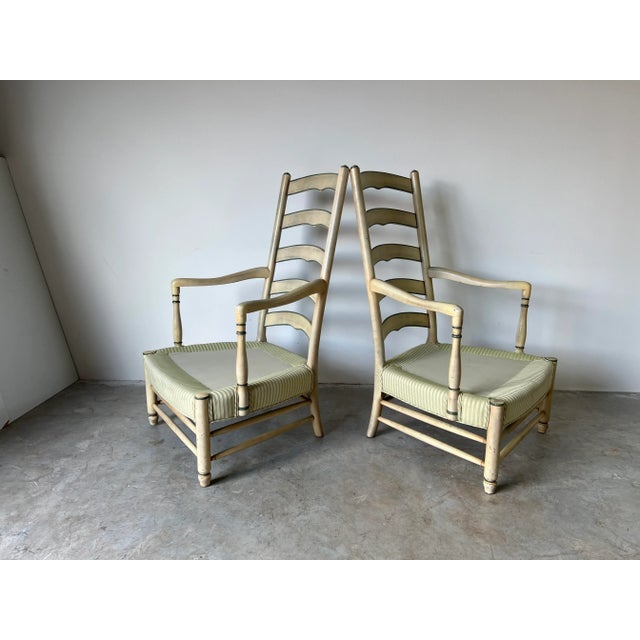 French Provincial Vintage French Provincial - Style High. Ladder Back Arm Lounge Chairs - A Pair/ Sold For Sale - Image 3 of 13