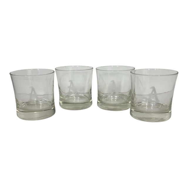 Vintage Mid Century Monogrammed “A” Low Ball Whiskey Glasses - Set of 4 For Sale