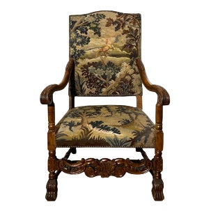 Carved Oak Armchair with Tapestry Upholstery For Sale