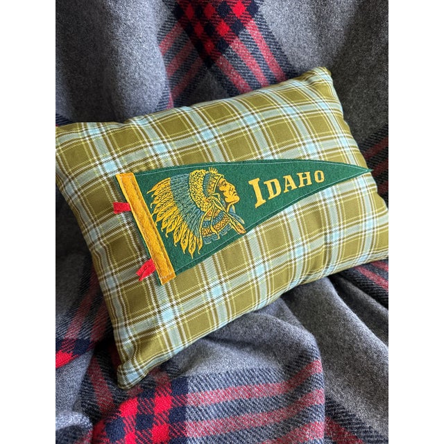 Farmhouse Idaho Native American Vintage Pennant on New Woven Plaid Throw Pillow For Sale - Image 3 of 4