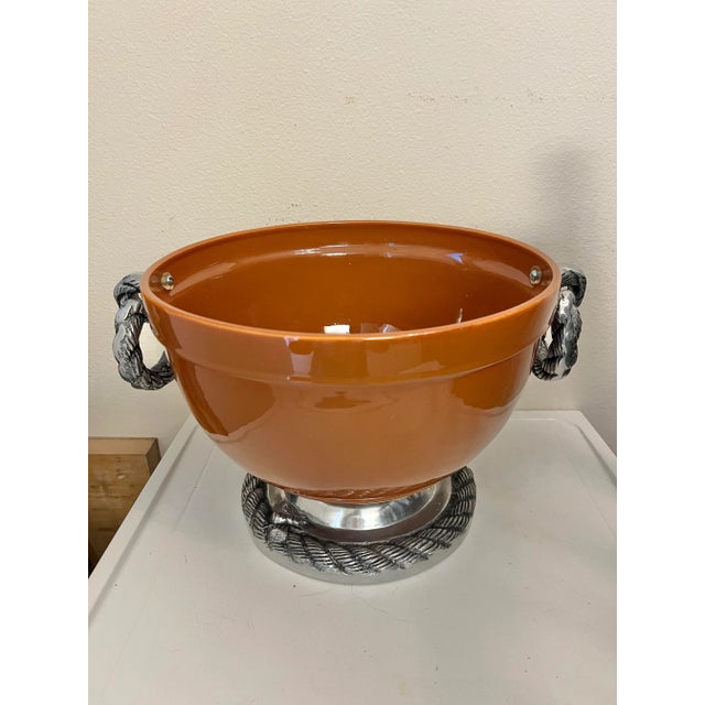 Brown Ceramic & Pewter Footed Serving Bowl Set With Silver Accents - 3 Pieces For Sale - Image 8 of 11