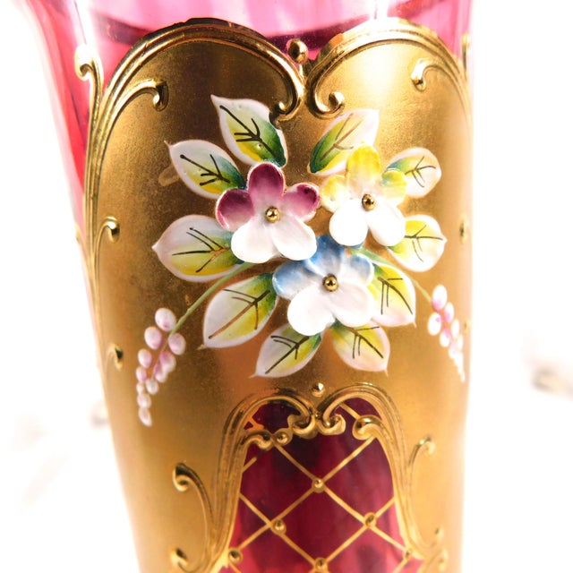 1970s 1970s Pink Footed Glass Vase With Dimensional Flowers and Gold Trim For Sale - Image 5 of 6