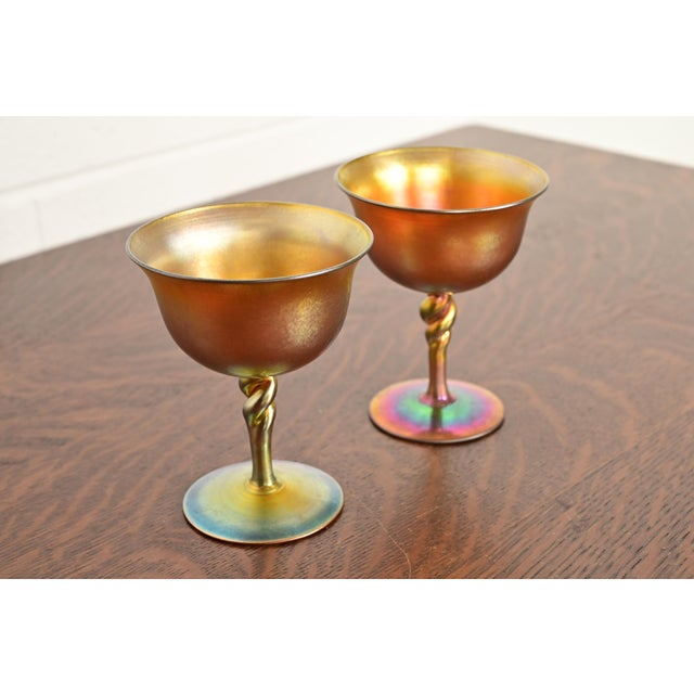Early 20th Century Steuben Aurene Iridescent Art Glass Goblets, Pair For Sale - Image 5 of 11