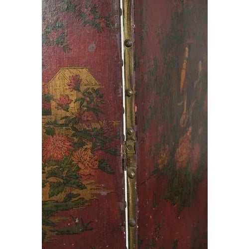 Antique English Hand-Painted Red Leather Chinoiserie Room Divider with Floral Motifs For Sale - Image 5 of 13