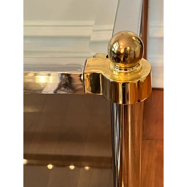 Mid Century Maison Jansen Style Two Tier Brass and Chrome Glass Square Tables, Pair For Sale In Philadelphia - Image 6 of 12