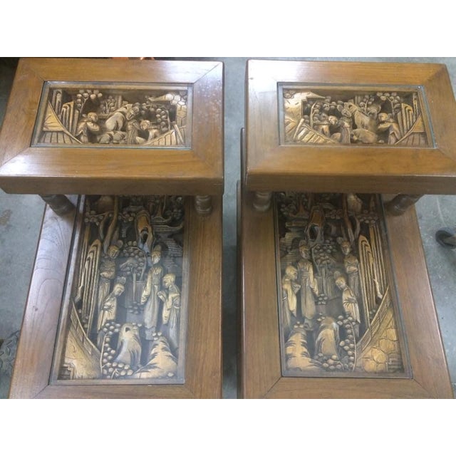 A Pair of Mid-Century Asian 3-Dimensional Wood Carved Step Tables For Sale - Image 10 of 13