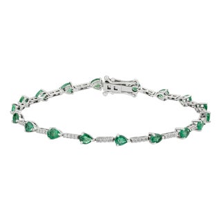 2.44ct Pear-Shaped Emerald & Diamond Tennis Bracelet 7 Inches in 14k White Gold For Sale