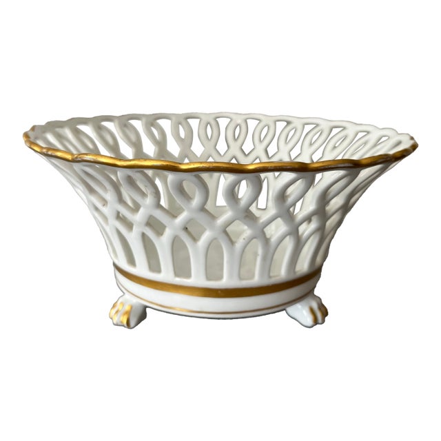 Antique 19th Century French Empire Paris Porcelain Gold & White Basket or Corbeille With Lion Paw Feet For Sale