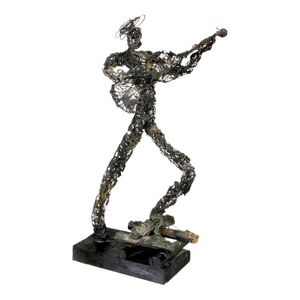 Vintage Large Brutalist Abstract Metal Wire Figural Man & Guitar Art Sculpture