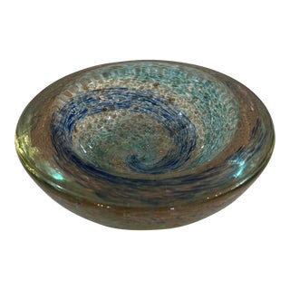 Copper Infused Thick Hand Blown Murano Glass Catchall in Green and Blue For Sale