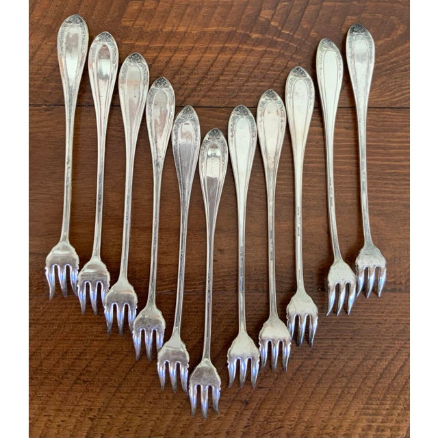 Silver "The Ritz" Antique Hotel Silver Plate Cocktail Forks or Oyster Forks - Set of 11 - Hard to Find! - Seafood Forks, Coastal Entertaining, See Pics! For Sale - Image 8 of 10