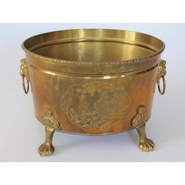 English Vintage Oval Brass Cachepot W/ Lion Head Handles, Paw Feet and Etched Asian Motif For Sale - Image 3 of 18