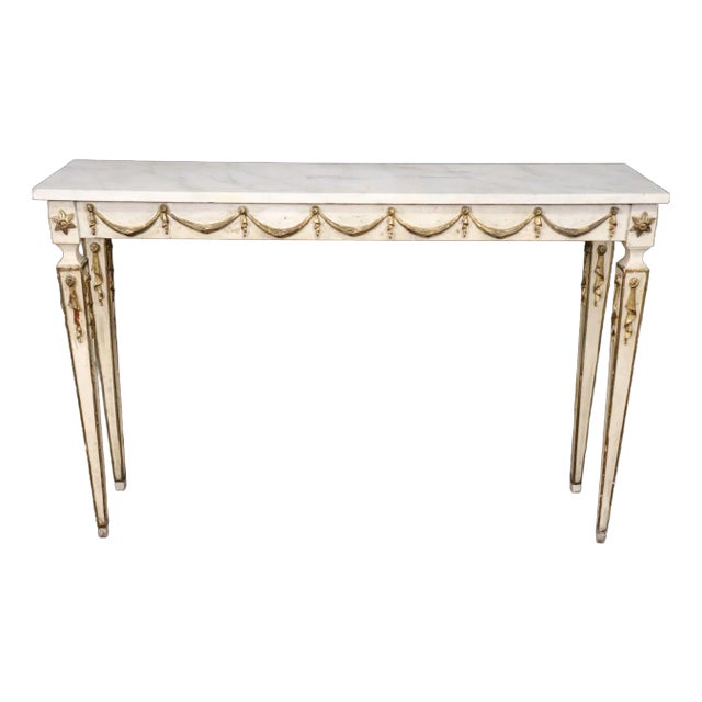 Beautiful Creme Painted Gilt Marble Top Italian Neoclassical Console Table For Sale