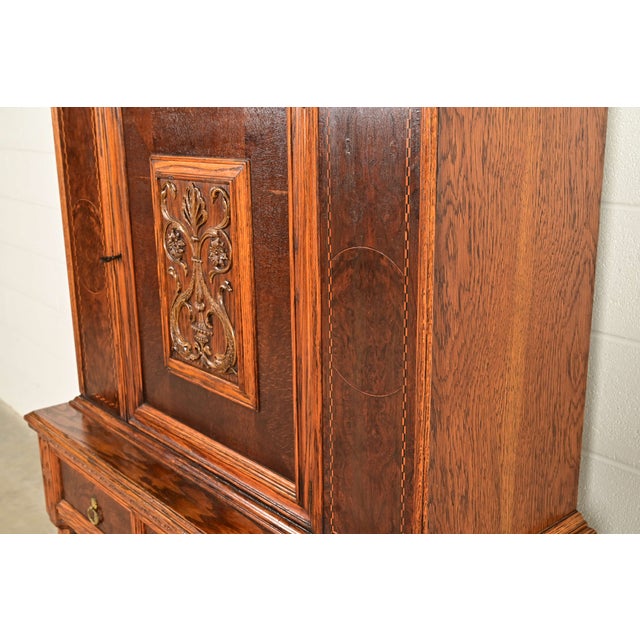 Early Romweber Antique English Jacobean Carved Oak and Burl Wood Bar Cabinet, Circa 1900 For Sale - Image 10 of 16