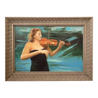 Large Expressionist Style Oil Painting of Woman Playing Violin Framed 36x24 Canvas For Sale